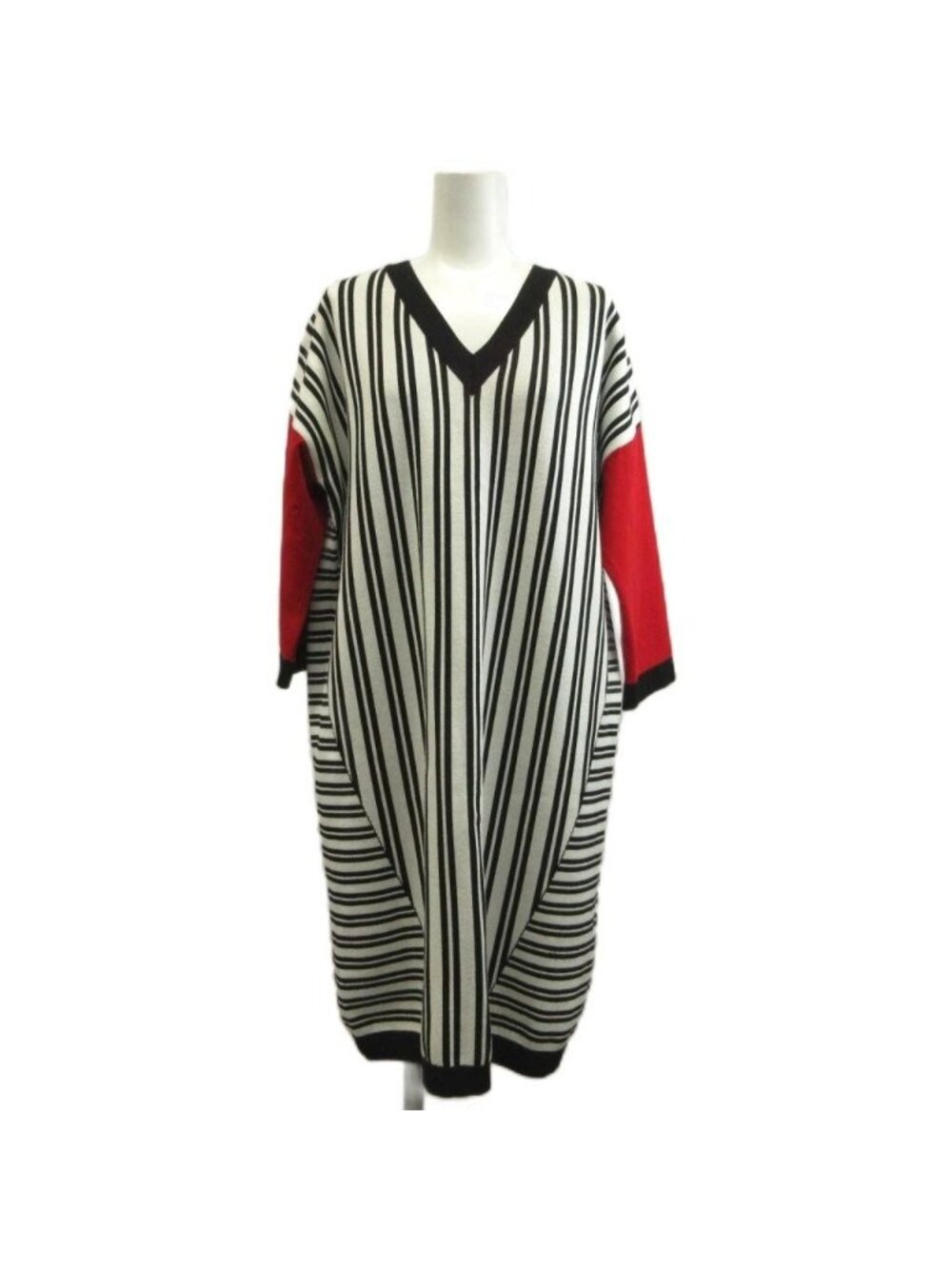 Max Mara Weekend Line Dress White Black Red Striped Pattern V-neck Long Sleeve